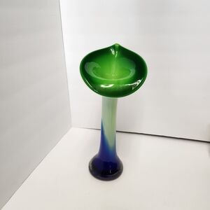 Hand Blown Cased Glass Jack In The Pulpit Vase Cobalt Blue Green White Vintage